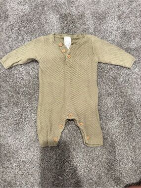 Knit Button-Front Baby One-Piece in Olive with matching hat